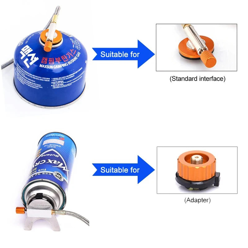 Two blue propane tanks with orange and silver components, labeled 'Suitable for' and 'Adapter'.