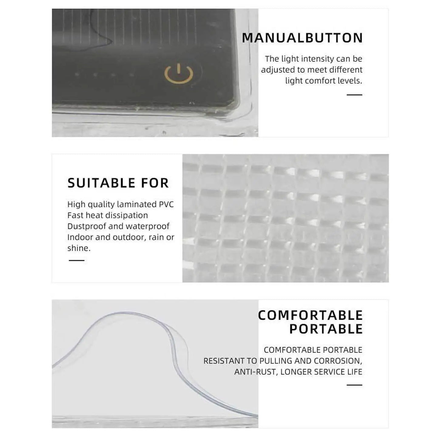 Product features with text on a white background