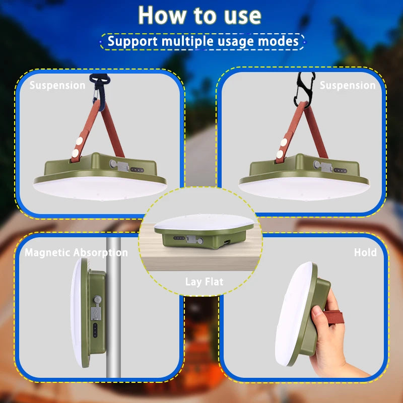 Instructions on how to use a multifunctional lamp with suspension, magnetic absorption, and flat lay modes.
