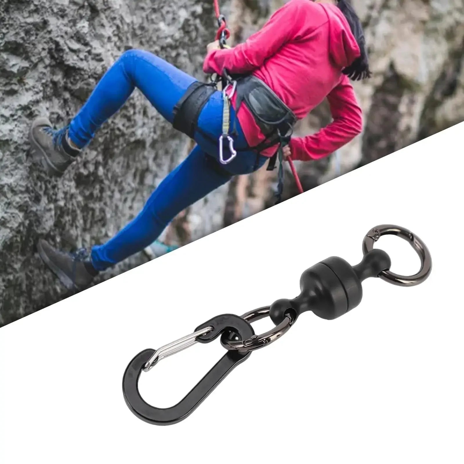 Person climbing a rock face with a carabiner and snap shackle in the foreground.