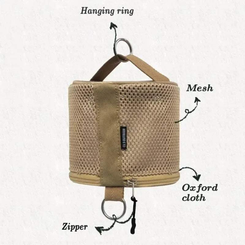 Beige bag with labeled features on a white background