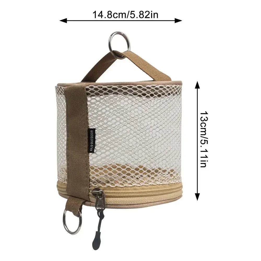 Mesh pouch with measurements on a white background