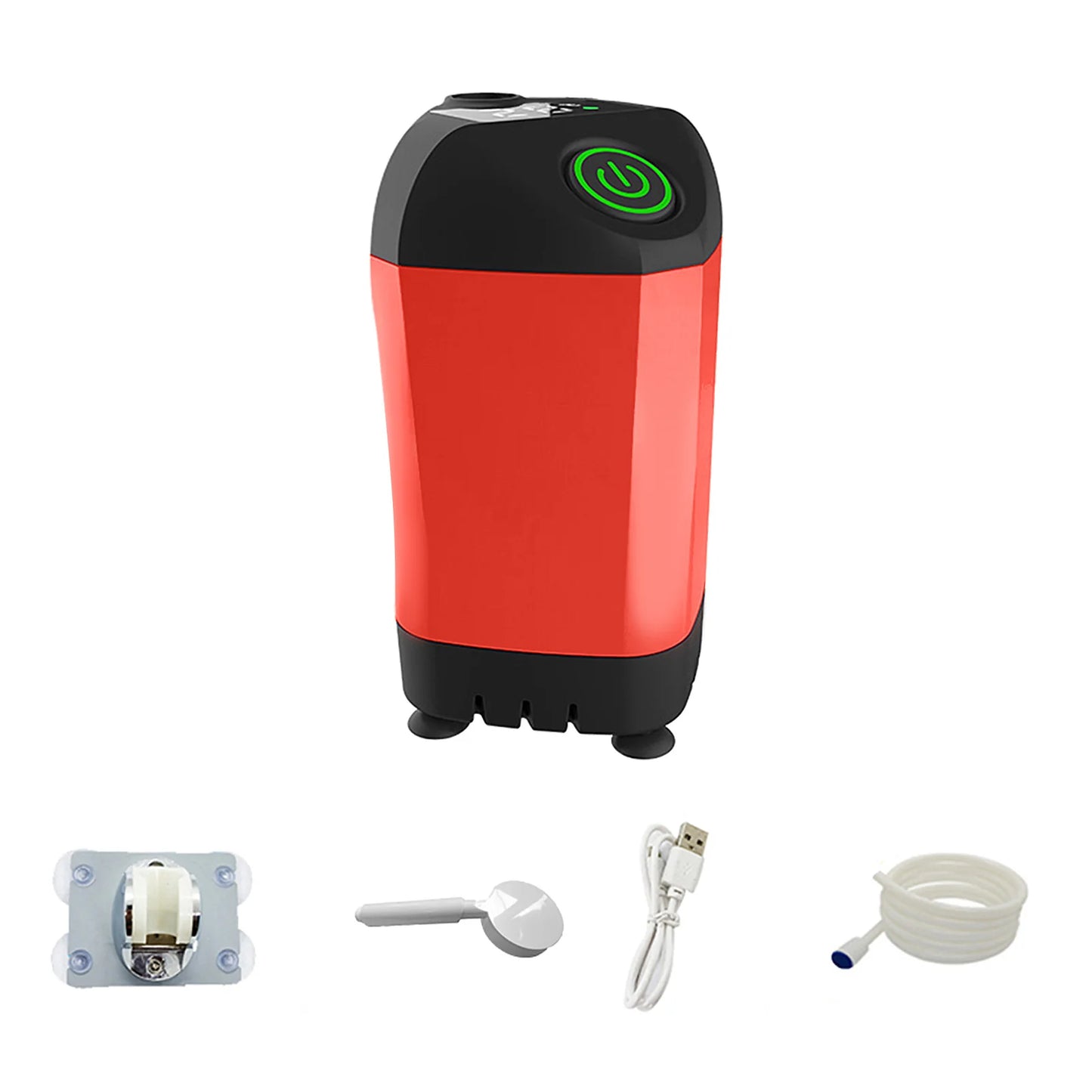 Red and black electronic device with accessories on a white background