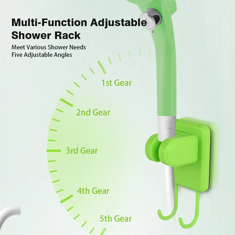 Green multi-function adjustable shower rack with five adjustable angles on a light green background