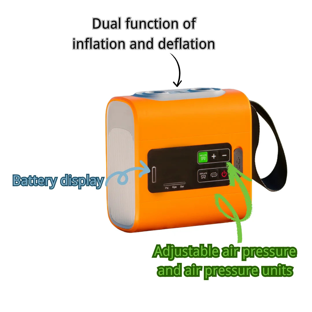 Orange air pump with features labeled on a white background