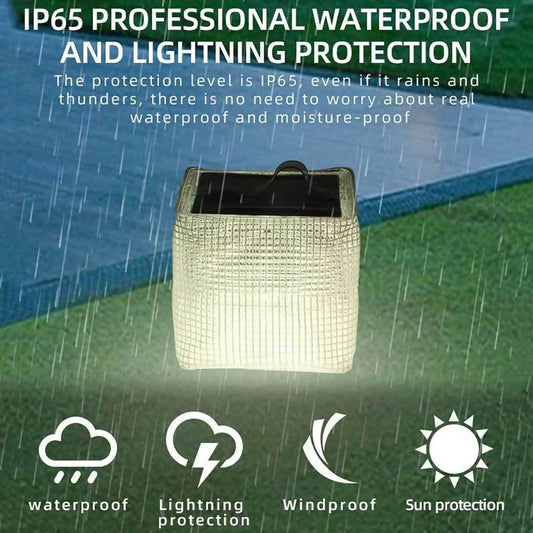 Solar light with IP65 waterproof and lightning protection features on a rainy day background.