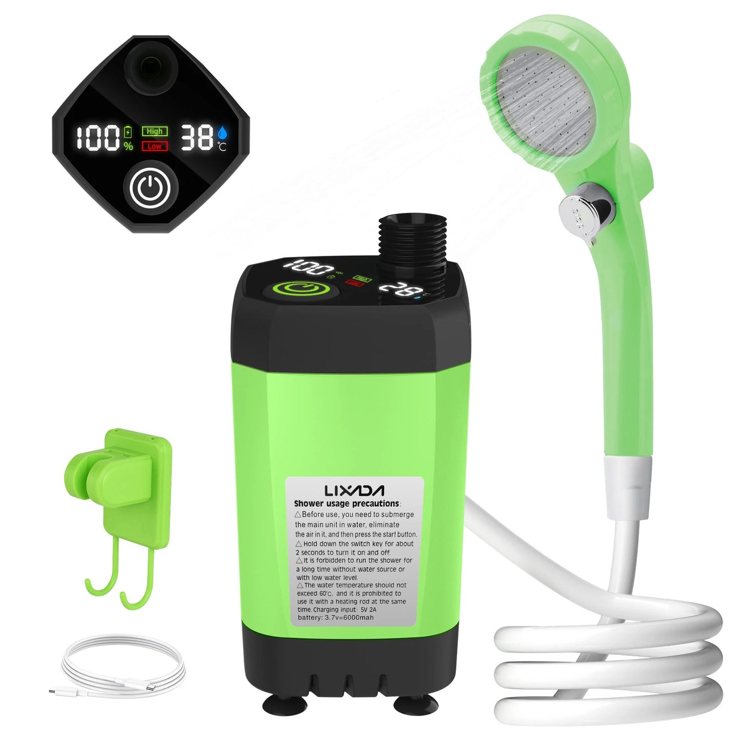 Green and black shower pump system with digital display, handheld shower head, and accessories on a white background.