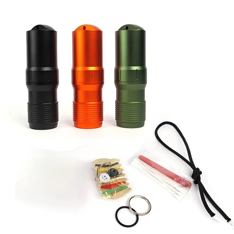 Three flashlights in black, orange, and green with additional items on a white background