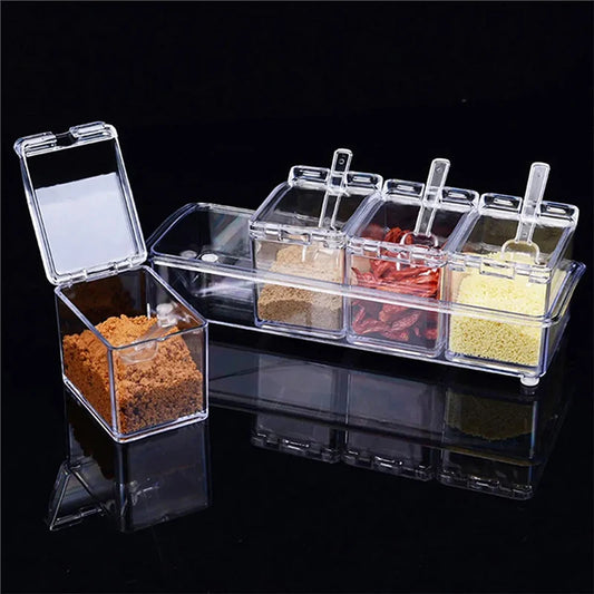 Clear spice rack with various spices on a black background