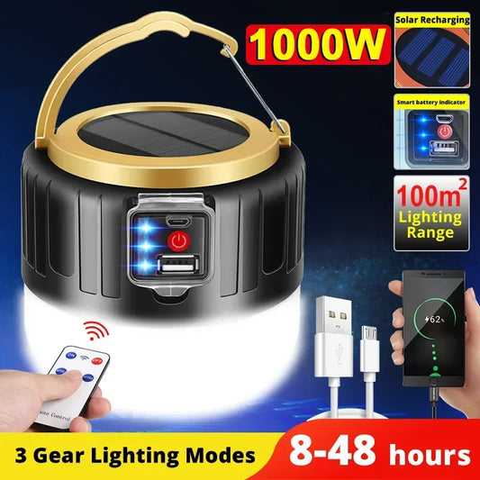 Solar-powered camping lantern with charging ports and remote control, featuring text on features and specifications.